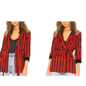 L'ACADEMIE The Jules Linen blend striped Blazer in red/black. Size XXS